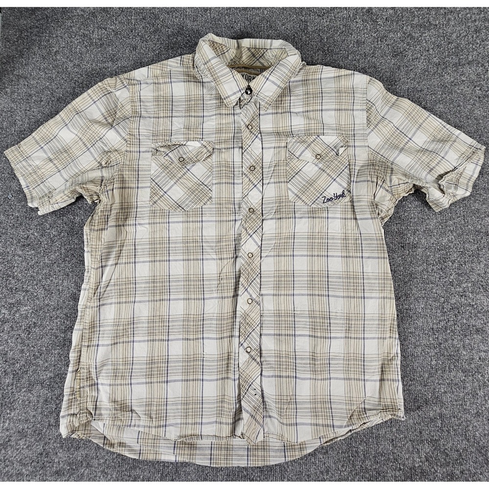Zoo York Shirt‎ Mens 2XL Beige Blue Plaid Short Sleeve Button Up Skate Urban